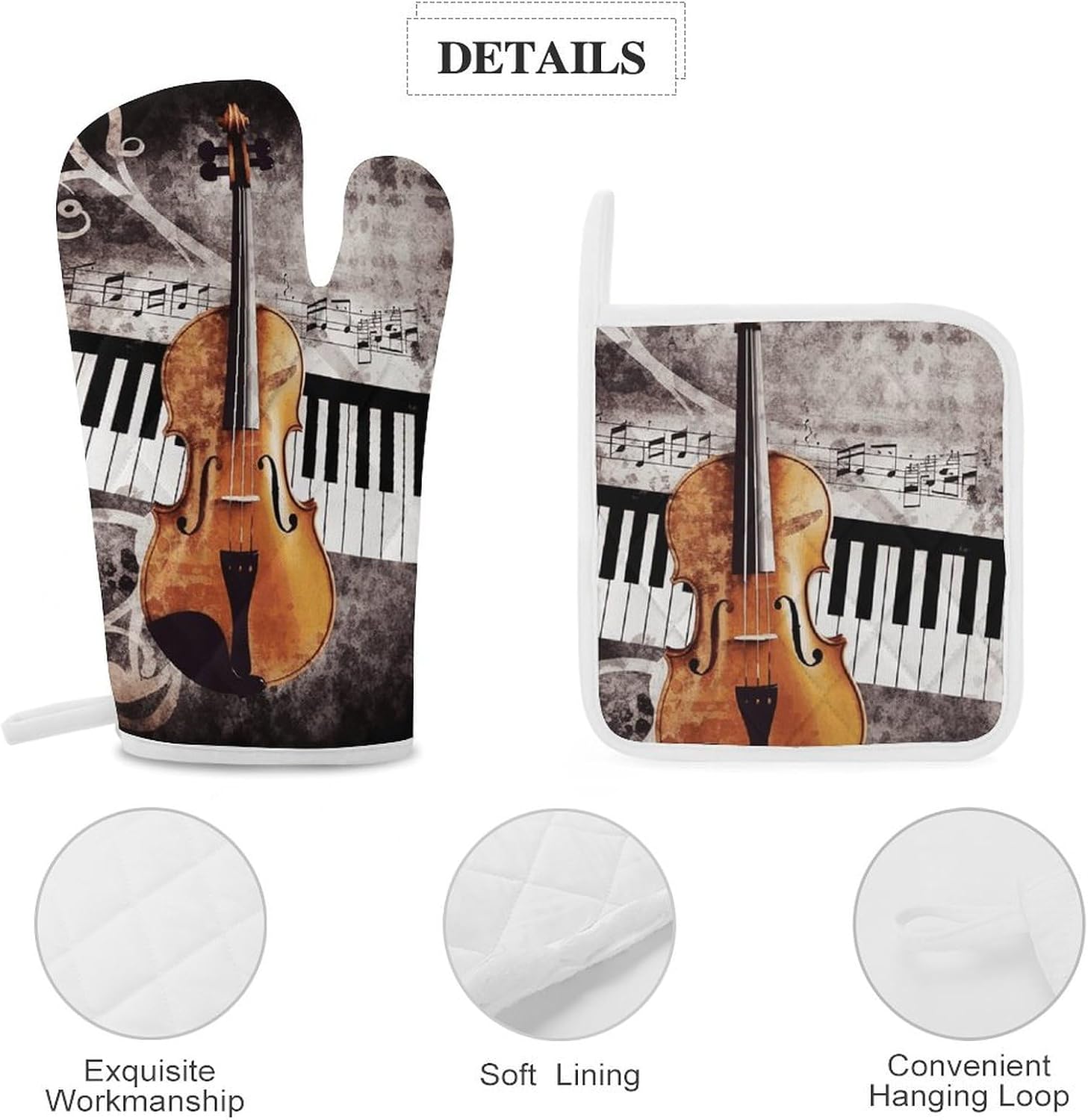 Oven Mitts and Pot Holders Sets of 4 Heat Resistant Non-Slip Oven Gloves and Potholder Piano Violin Music Notes Oven Mitts Waterproof Cooking Hot Pads for Kitchen Baking Grilling BBQ image 4
