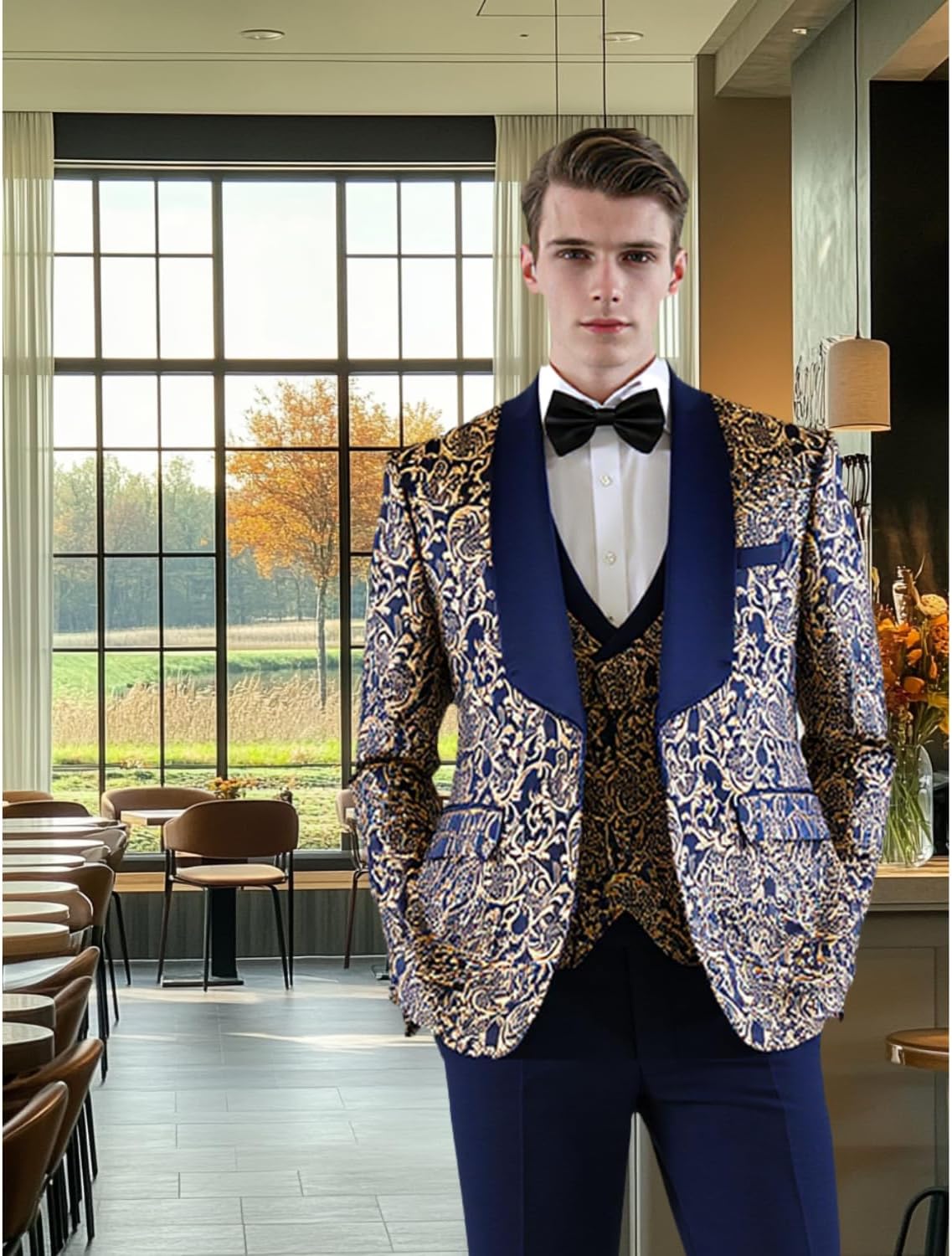 UNINUKOO Men’s Suit Dress Tuxedo 3 Piece Slim Fit Floral Wedding Party Print Lightweight Blazer Vest and Pants Set US Size XXL Navy Blue