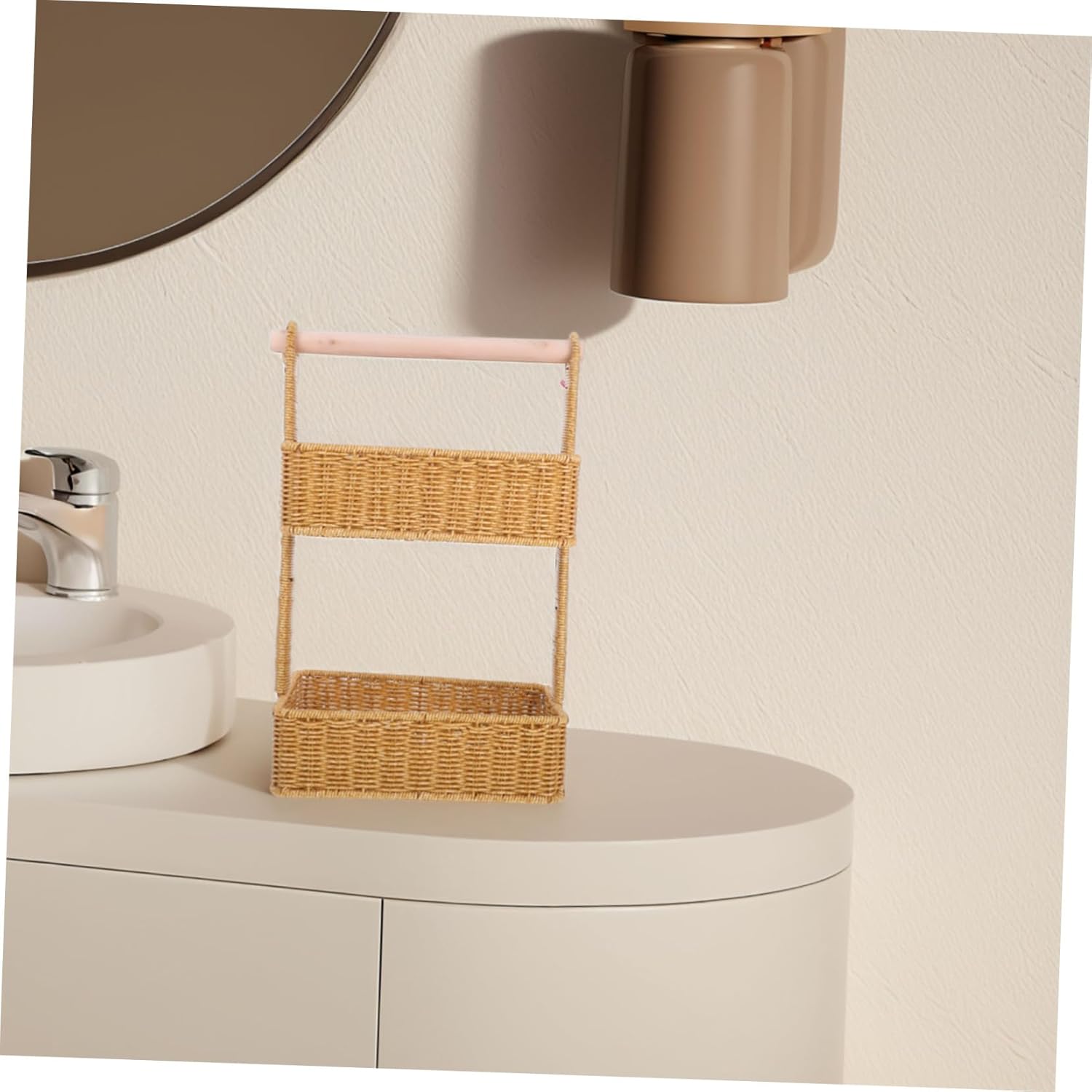 PRETYZOOM 2tier Hanging Storage Hand Woven Double Rattan Style Organizer for Boho Decor for Kitchen Bathroom and Living Room Storage