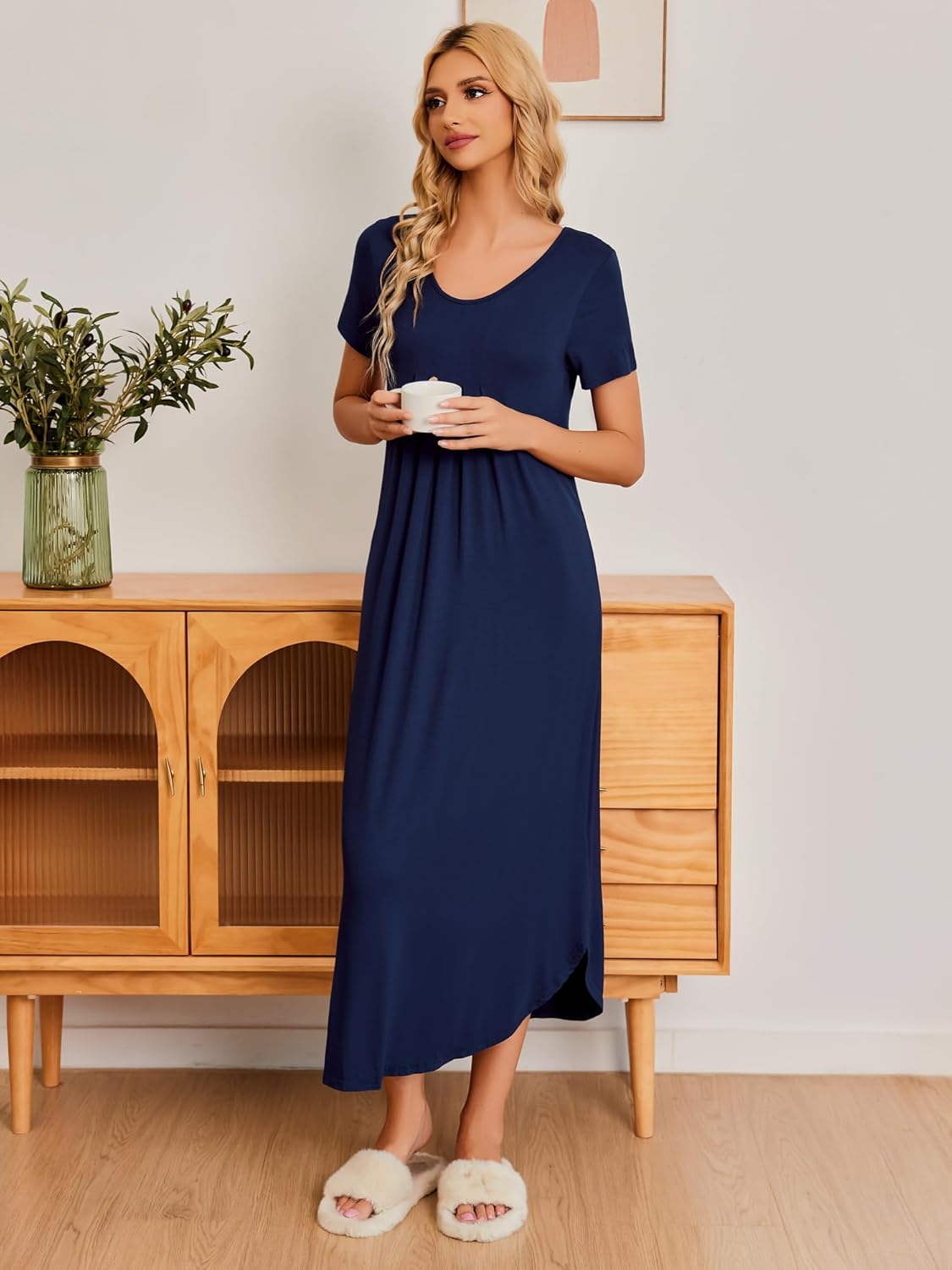 Ekouaer Long Nightgowns for Women Plus Size House Dress Short Sleeve Night Gown Pleated Full Length Loungwear S-4XL - Image 2