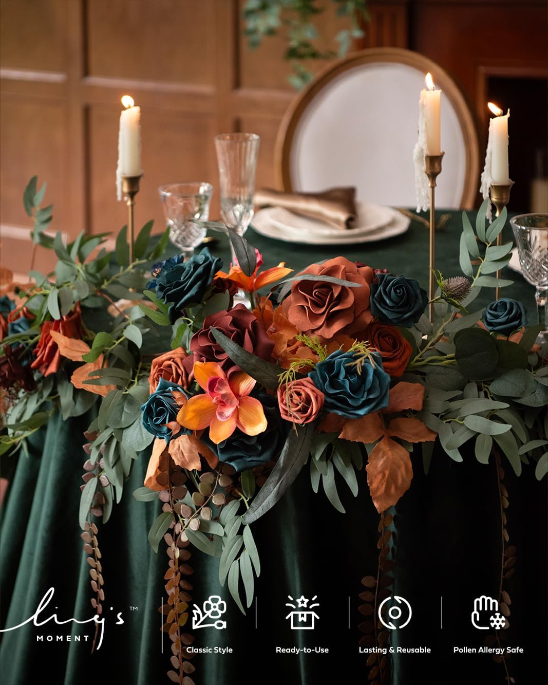 Ling's moment Fake Flowers Box, Faux Artificial Greenery Stems Foam Roses Gardenia Silk Poppy Fabic Flower for Centerpieces Bouquet Wedding Vase Decorations, Teal & Burnt Orange, Deluxe Combo - Image 6