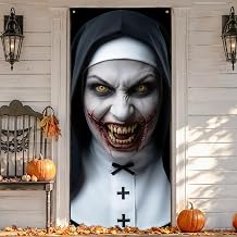 Scary Halloween Door Cover Decorations: 79x35 Inch Bloody Evil Nun Door Banner Background, Creepy Indoor Outdoor Front Porch Entry Poster Wall Art for Haunted House Office Holiday Party Supplies