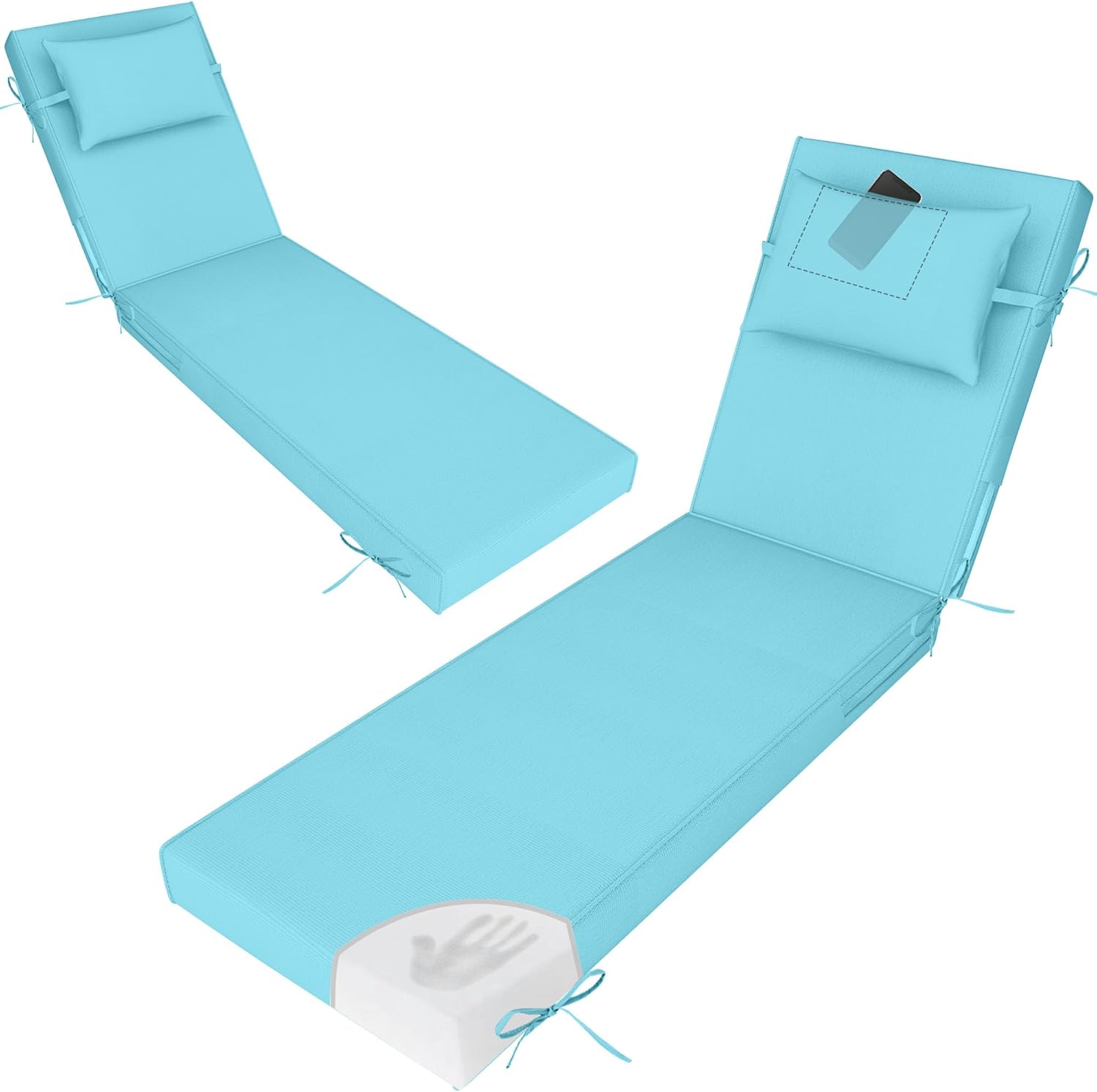 Outdoor Lounge Chair Cushions Set of 2, Pool Chaise Cushion with Pillow,Ties,Removable Cover, Waterproof Fade Resistant Lounge Chair Pads for Patio Deck Furniture, 72 X 21 X 3,Lake Blue