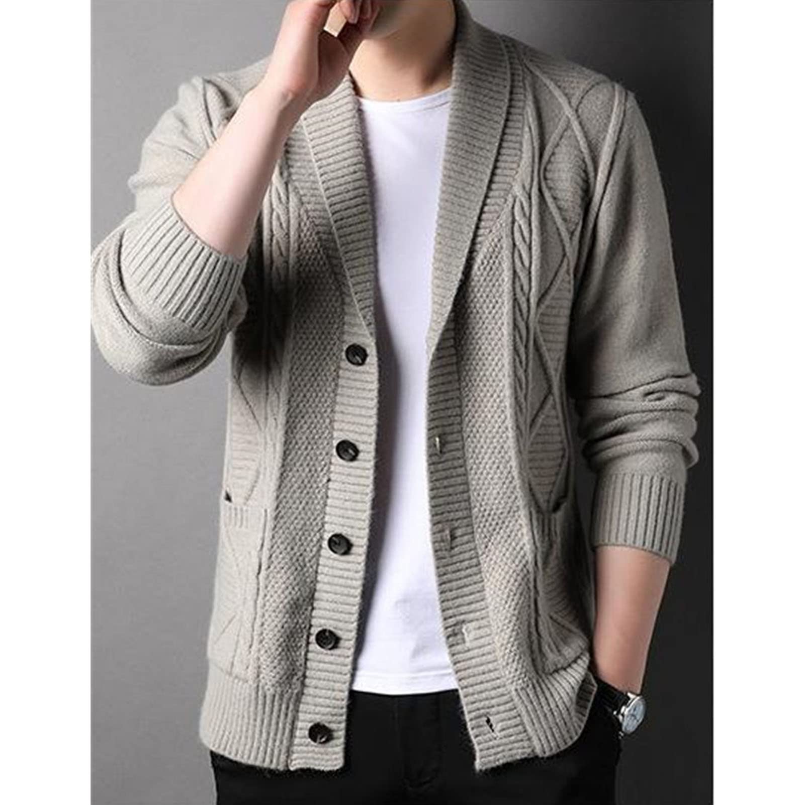 Mens Casual Shawl Collar Cardigan Open Front Ribbed Jackets Outwear Cable Knit Button Up Sweaters With Pockets (Large,Khaki)