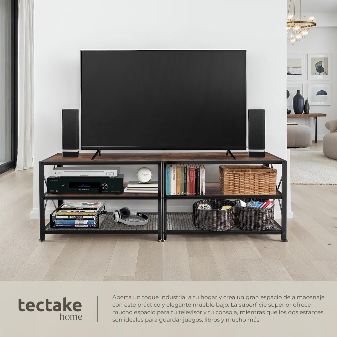 tectake® Mueble TV de Estilo Industrial, Aparador Salon para Televisor con 3 Alturas, Aparadores para Salon y Dormitorio - 161 x 41,5 x 50,5 cm Madera Industrial Oscura, Rústica