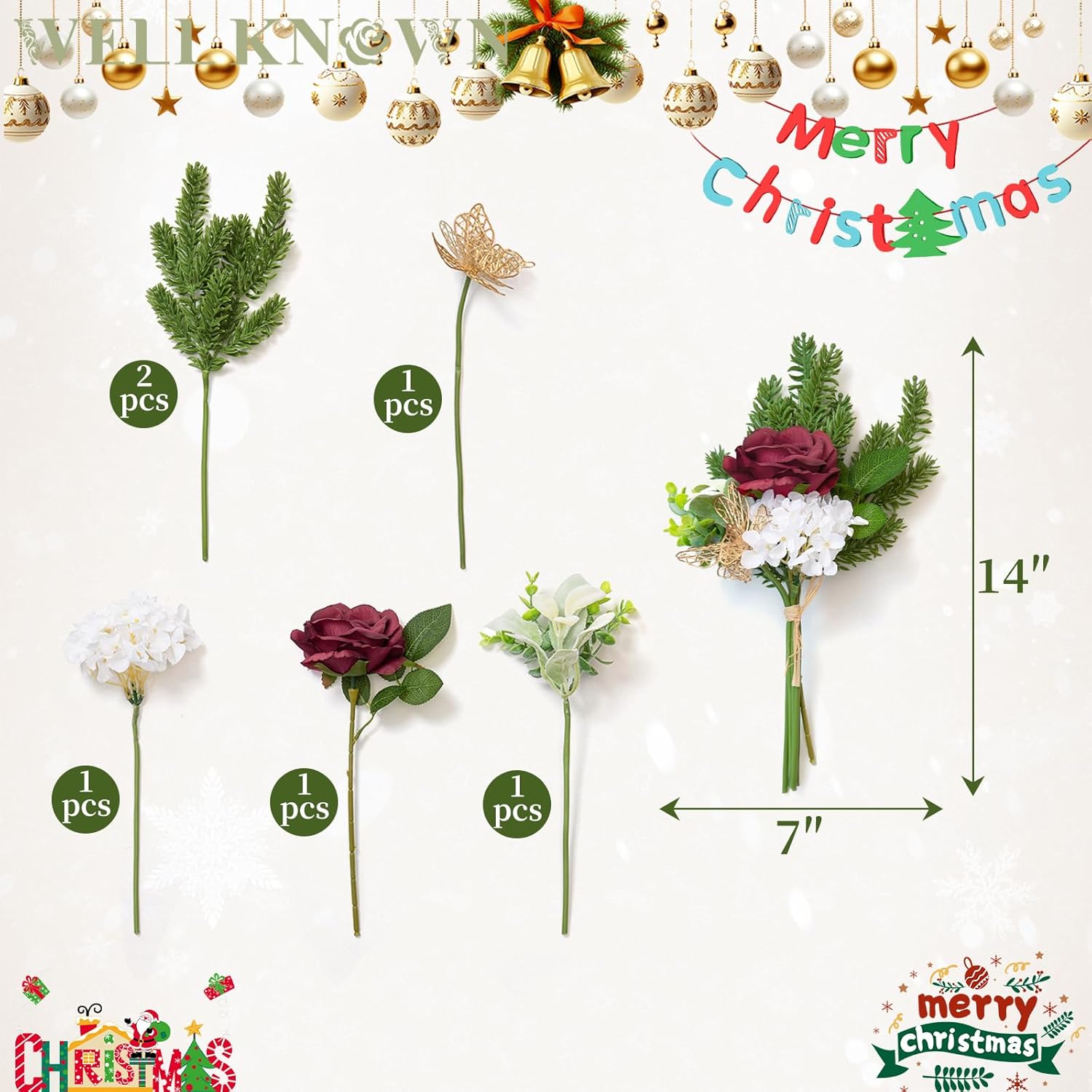 11 Pcs Artificial Flowers Bouquet with Pine Branches, 14" Red Poinsettias Flowers Faux Greenery Spray Stems with Red Berry & Pine Cones, Fake Cedar Picks for DIY Crafts Tabletop Home Party Decor