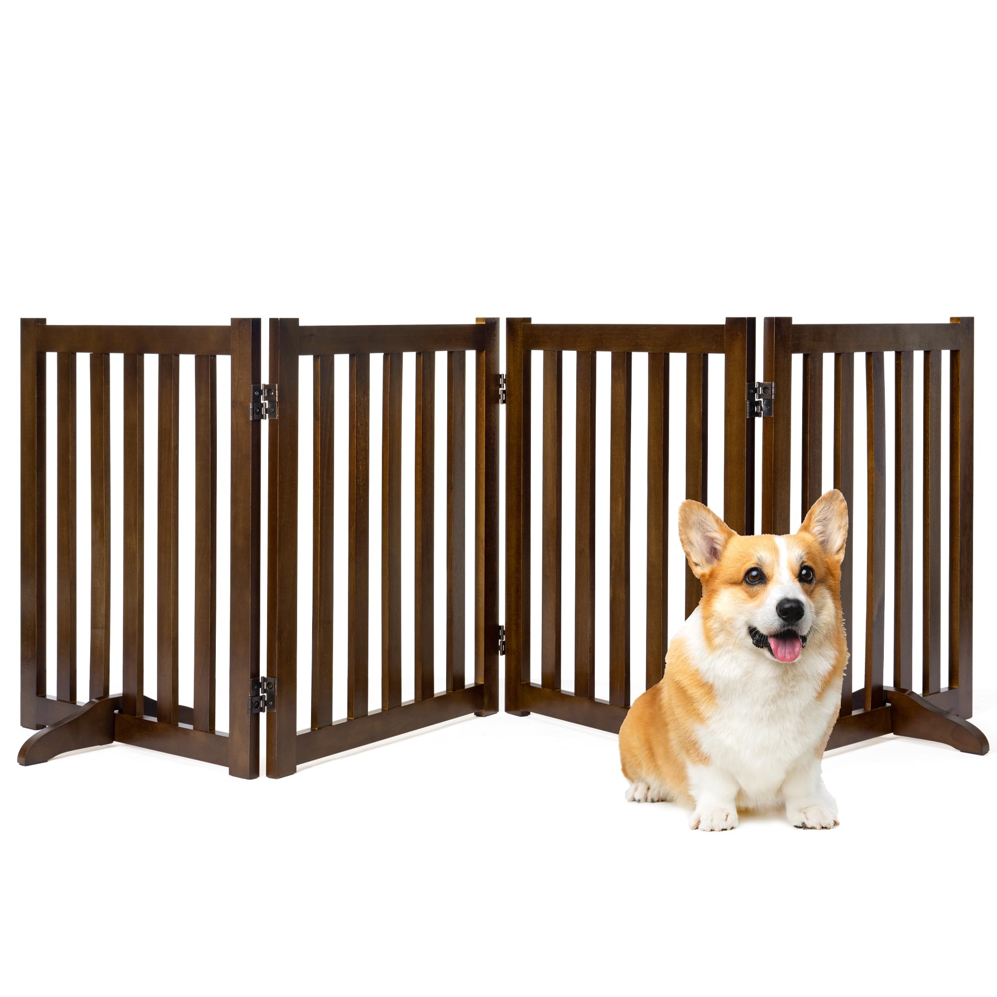 Freestanding Pet Gate, Solid Wood Folding Safety Fence Wooden Dog Gate with 2PCS Support Feet Ideal for Stairs, Doorways, Halls, Kitchens, Indoors Gates, 4 Panels 24", Walnut