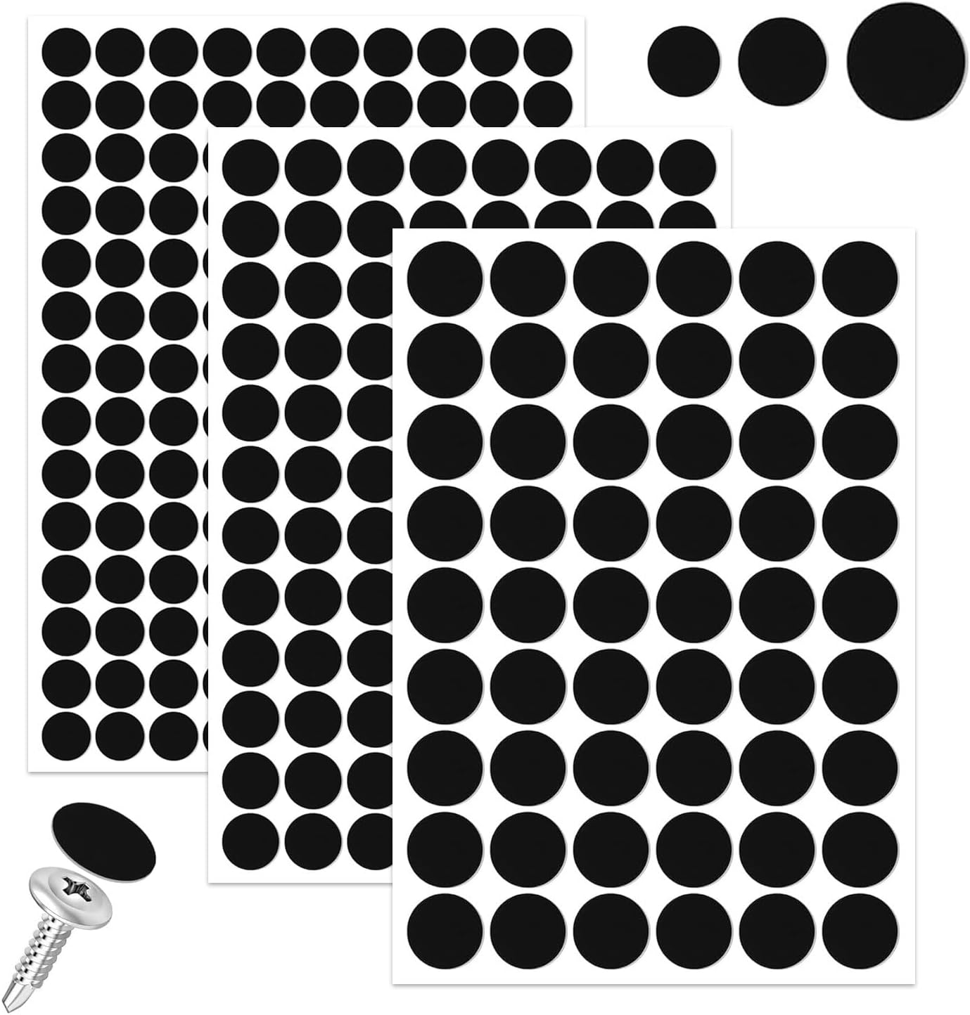 290 Pcs Screw Hole Covers Stickers, Self-Adhesive Caps Wood Stickers, Waterproof Screw PVC Cover Caps, Adhesive Wood Grain Decals for Cabinet, Furniture, Drawer, Wardrobe (Black, 12mm/15mm/21mm)