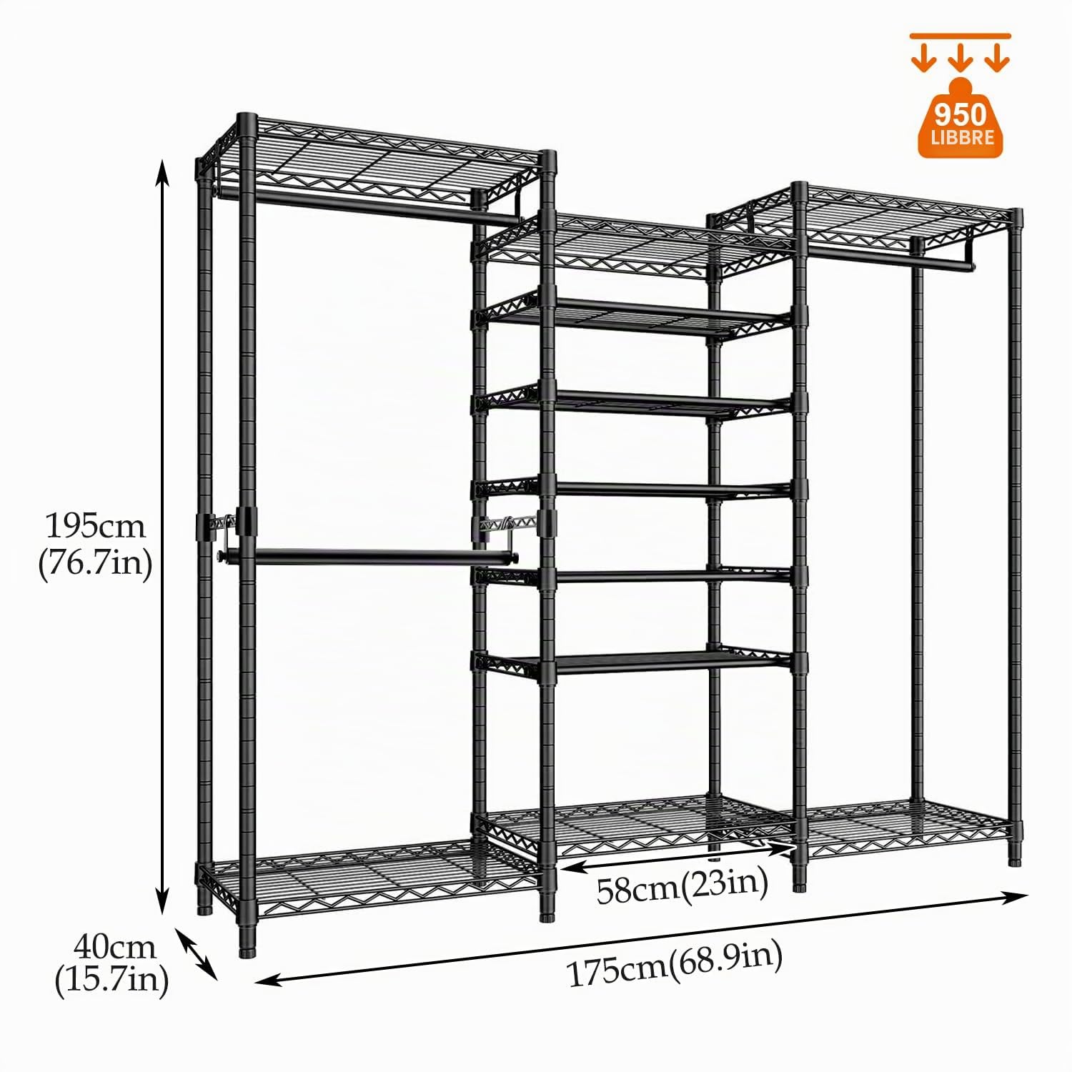 Appendiabiti resistente autoportante appendiabiti organizer grande armadio con scarpiera, asta appendiabiti, ripiano regolabile, nero