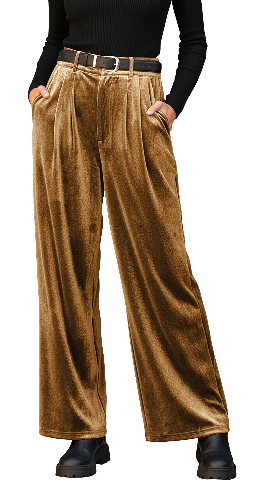Velvet Pants Women Straight Leg Loose Fit Long Pants with Pockets High Waisted Business Work Casual Trousers