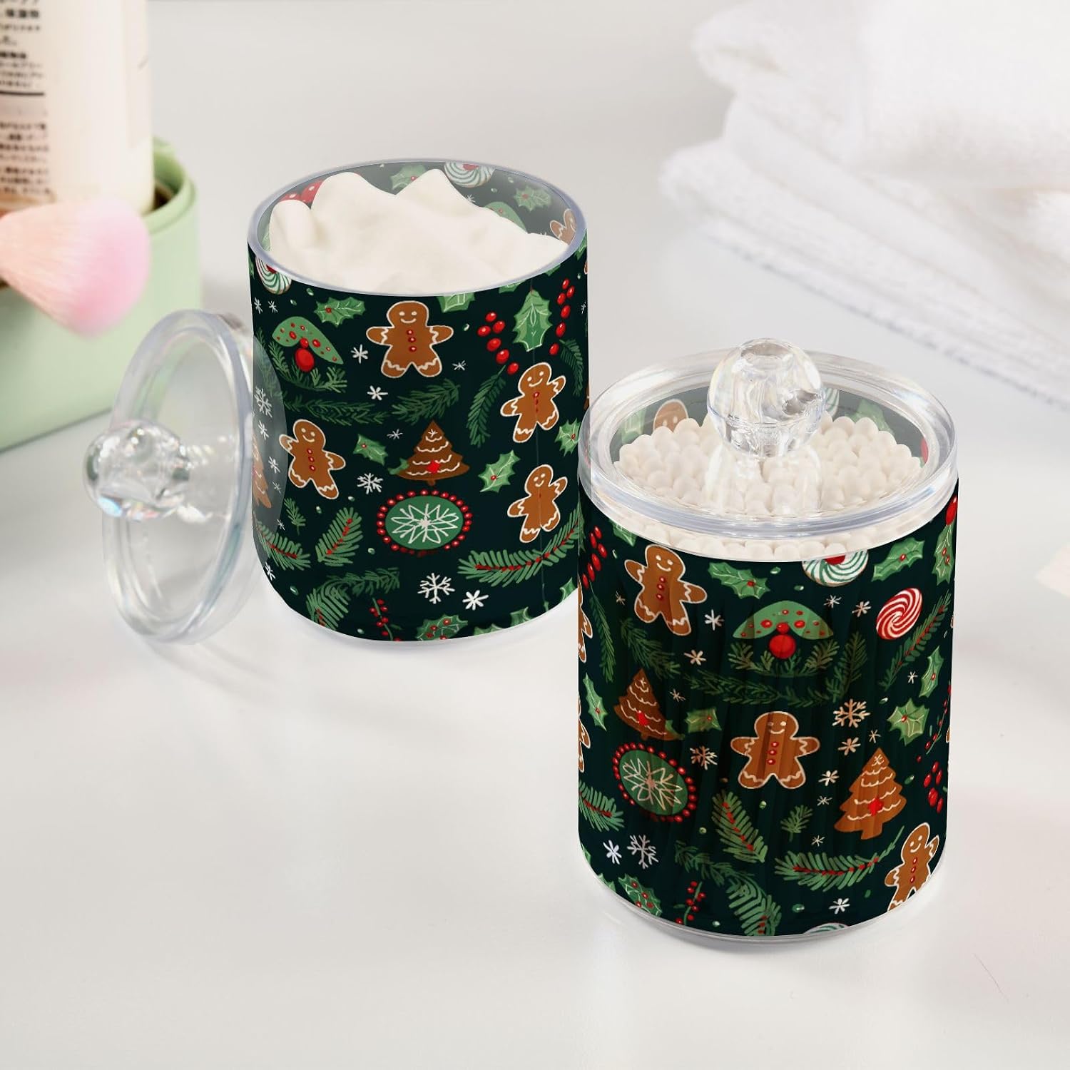 MNSRUU 4 Pack Qtip Holder Organizer Dispenser Christmas Tree Pink Bathroom Storage Canister Cotton Ball Holder Bathroom Containers for Cotton Swabs/Pads/Floss