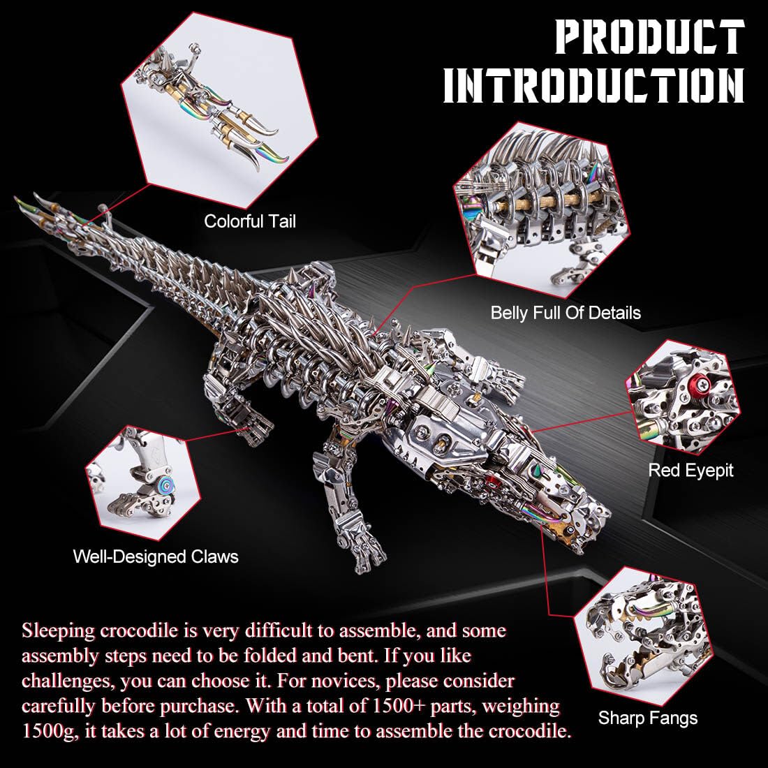 Peiro Puzzle in metallo 3D, con coccodrillo 3D, set di puzzle 3D, 1500 pezzi, set di puzzle a coccodrillo, set di puzzle 3D, in metallo, per adulti e bambini, argento