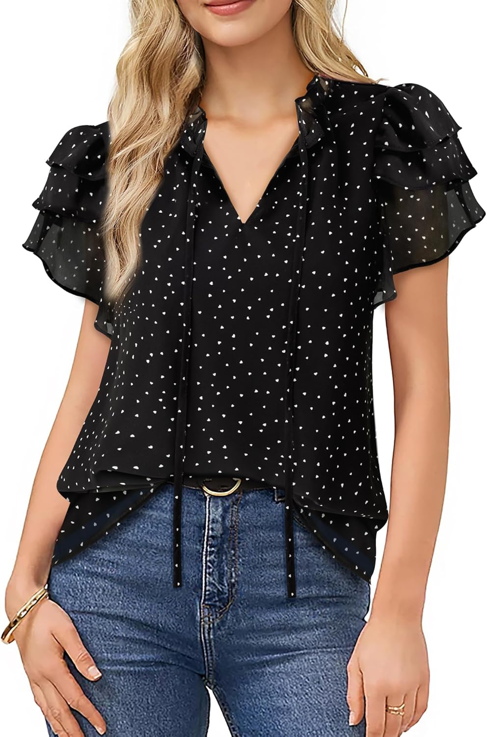 Lotusmile Summer Chiffon Dressy Casual Blouses Elegant Ruffle Short Sleeve Work Tops for Women Trendy - Image 2