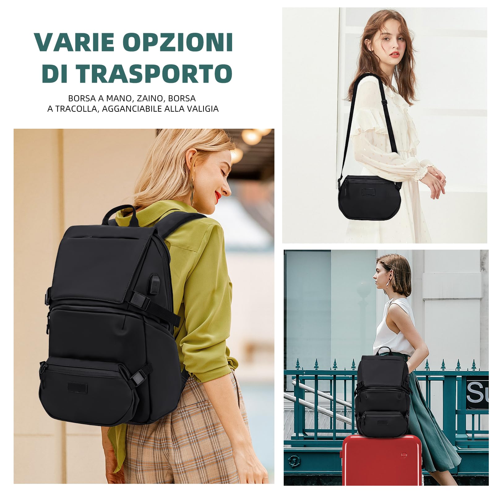 KINGSLONG Zaino da viaggio Business 2 in 1 zaino leggero da 15,6 pollici, marsupio rimovibile, impermeabile, antifurto, nero, ideale per viaggi, lavoro e uso quotidiano