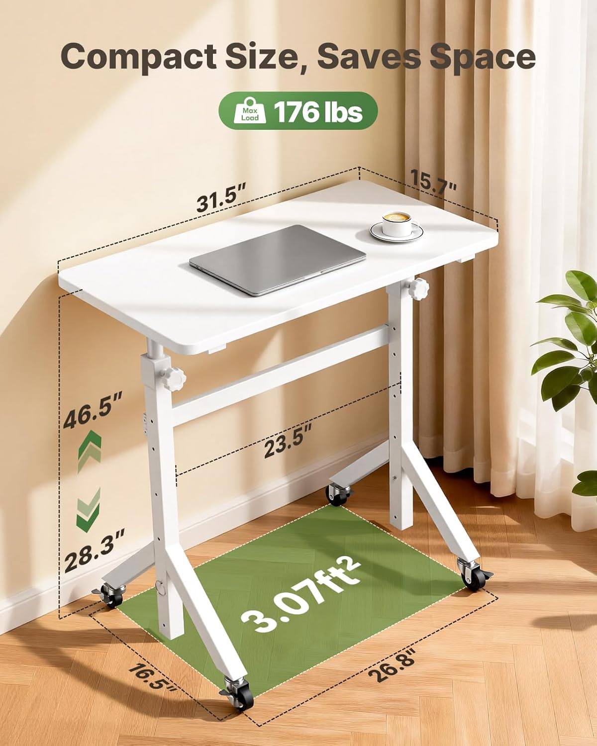 Marsail Mobile Stand Up Desk with Wheels, Adjustable Height Desk from 28.3″ to 46.5″, Rolling Standing Desk with Lockable Wheels, Portable Small Desk for Walking Pad and Treadmill, White