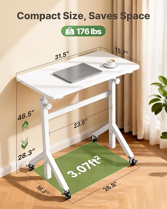 Marsail Mobile Stand Up Desk with Wheels, Adjustable Height Desk from 28.3 to 46.5, Rolling Standing Desk with Lockable Wheels, Portable Small Desk for Walking Pad and Treadmill, White