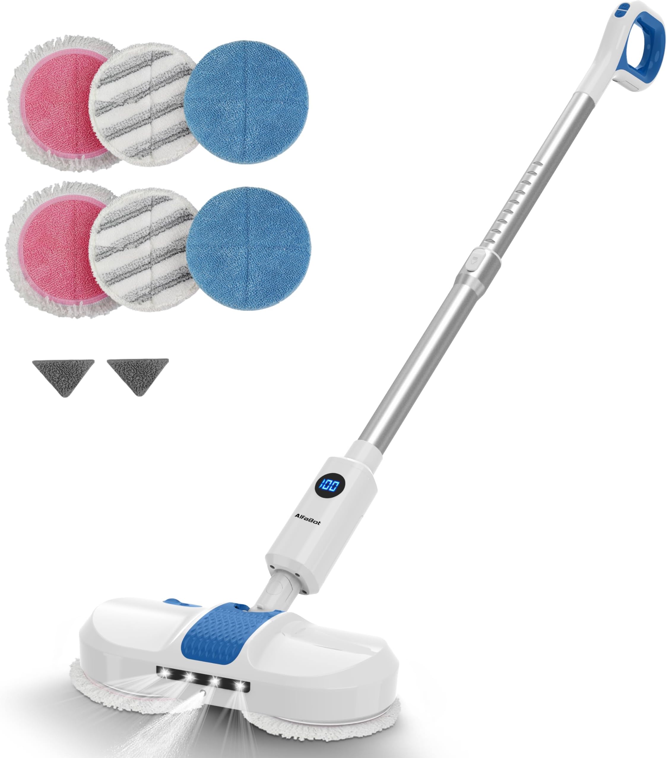 AlfaBot S1 Cordless Spin Mop with LED Headlight - Quiet & Rechargeable Floor Scrubber for Hardwood, Tile & Laminate Floors