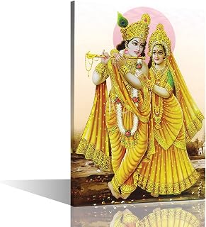 TUMOVO 1 Piece Bedroom Wall Decor Hindu God Home Decor Radha and Krishna Wall Decorations for Living Room Black Background Modern Artwork for Home Walls Framed Ready to Hang (16''Wx 24''H)