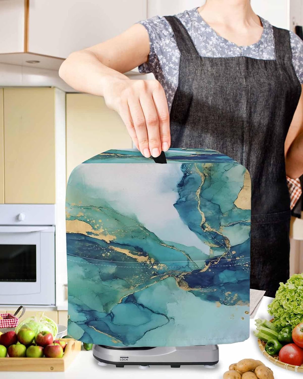 Ombre Turquoise Marble Stand Mixer Cover with Storage Pocket, Waterproof Kitchen Mixer Covers, Modern Minimalist Art Gradient Kitchen Appliance Dust Cover Compatible with 5-8 Quart Mixers