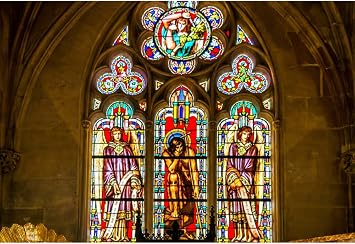 YongFoto 10x8ft Angel Stained Glass Window Backdrop Vintage Church Stained Glass Painting Heaven Christ Jesus Cathedral Building Photography Background Adults Boy Girl Portrait Photo Props Polyester