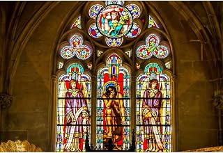 YongFoto 7x5ft Angel Stained Glass Window Backdrop Vintage Church Stained Glass Painting Heaven Christ Jesus Cathedral Building Photography Background Adults Boy Girl Portrait Photo Props Polyester