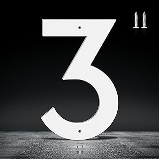 4 Inch White Metal House Number, Large Visible House Number Sign, Modern Outdoors Address Number, Metal Home Address Numbers and Letters, Door Mailbox Decoration Signs(3)