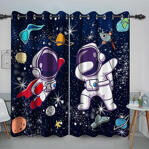 Baocicco Cortinas opacas de astronauta para niños, diseño de dibujos animados, planeta, espacio, luna, planeta, dormitorio, sala de estar, cortinas