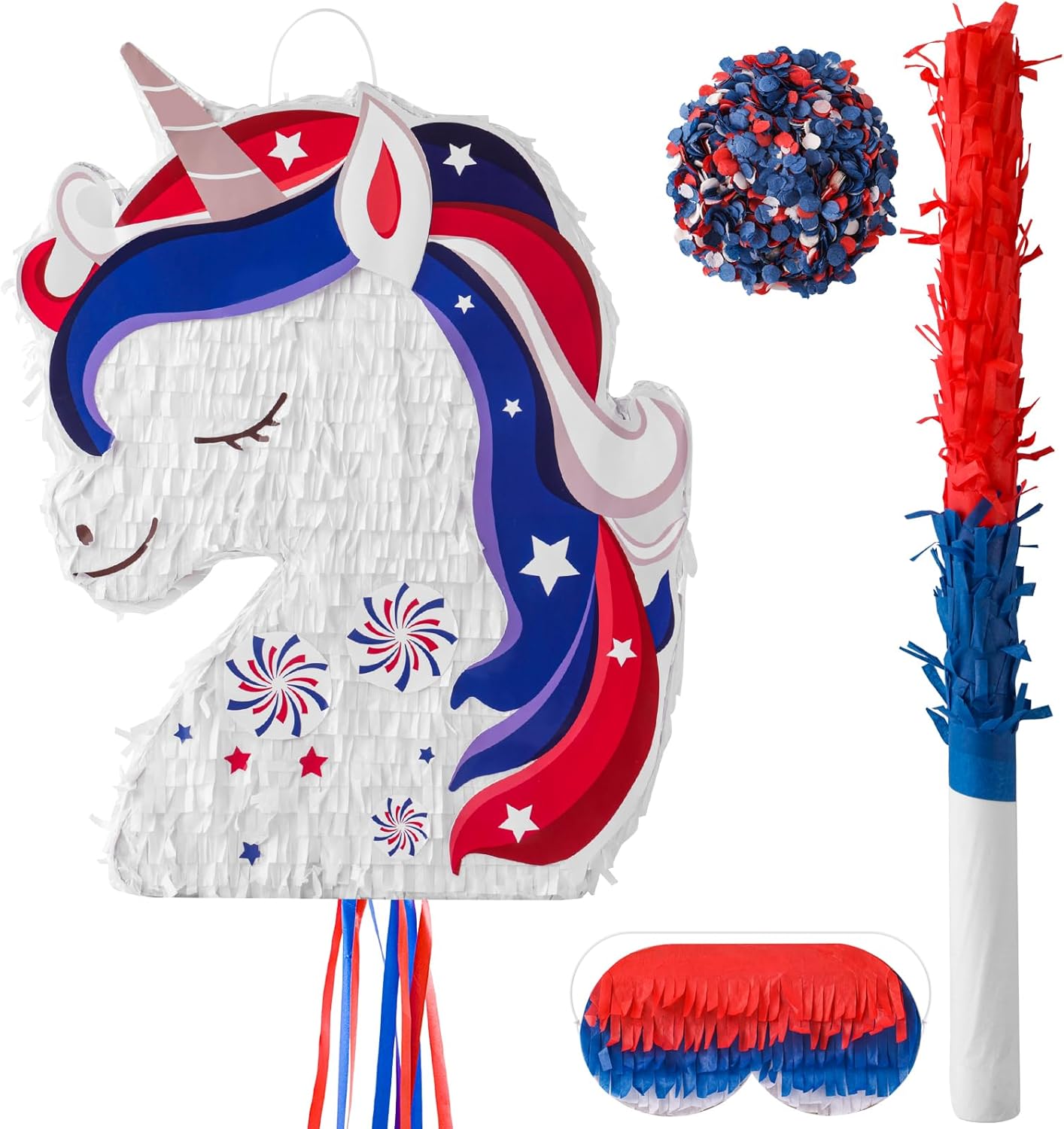 VinTS Unicorn Piñata Red White Blue Large Unicorn Piñata with Blindfold Bat Confetti for Kids Adults Birthday Theme Party Game Decorations(16.3x12.2x3.15in)