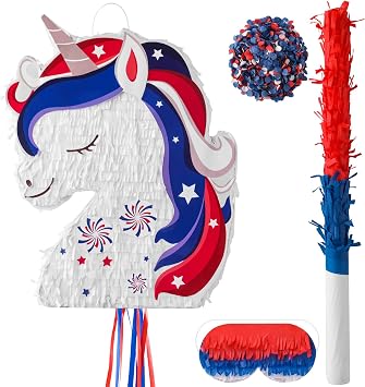 VinTS Unicorn Pinata Red White Blue Large Unicorn Pinata with Blindfold Bat Confetti for Kids Adults Birthday Theme Party Game Decorations16.3x12.2x3.15in For Independence Day
