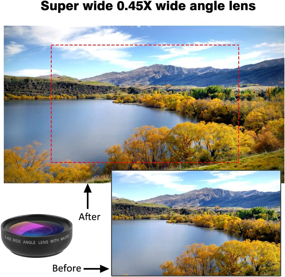 Cell Phone Camera Lens 2 in 1 Clip-on Lens Kit 37mm 0.45X 49UV Super Wide Angle & Macro Phone Camera Lens for iPhone and Android Smartphones Cell Phones