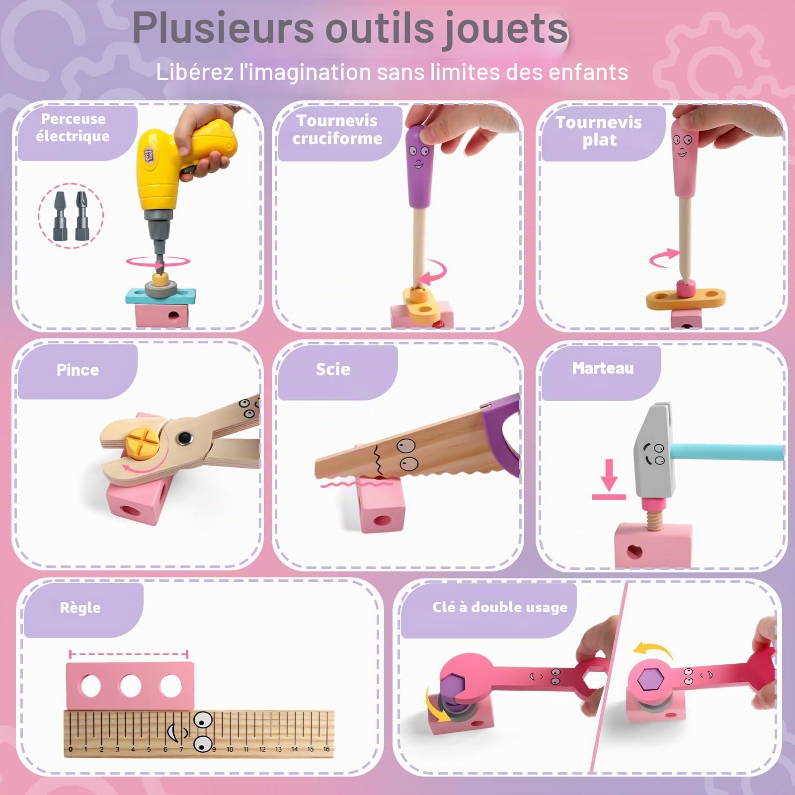 Jouet Enfant 3 ans, Jouet Fille 3 ans, Boite a Outils Enfant Montessori Jeux Enfants 3 ans, Jeux Fille 3 4 ans Bois Jouets avec Perceuse Tablier Bricolage Outils Cadeau Fille 3 4 5 ans Garçon (44 Pcs)