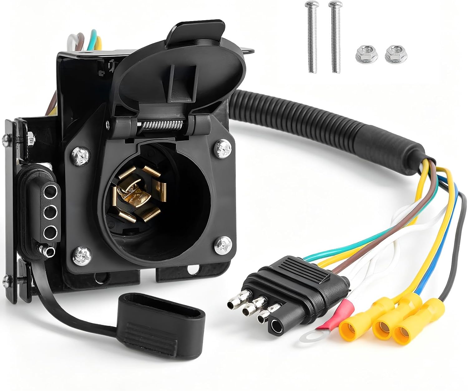 7 Pin to 4 Pin Trailer Adapter with Mounting Bracket, Heavy-Duty RV 4 Flat to 7 Blade Premium Dual Connectors, 7 Way to 4 Way Plug Adapter - Trailer Light Wiring Kit for Trucks, Campers, Boats