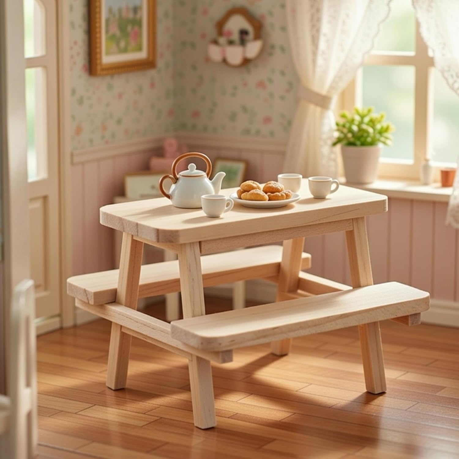 Homoyoyo Mini Wooden Picnic Table Model with Joined Chairs, Doll House Furniture Prop for Dollhouse Decor and Photography Display, Khaki Small Doll Table Accessory