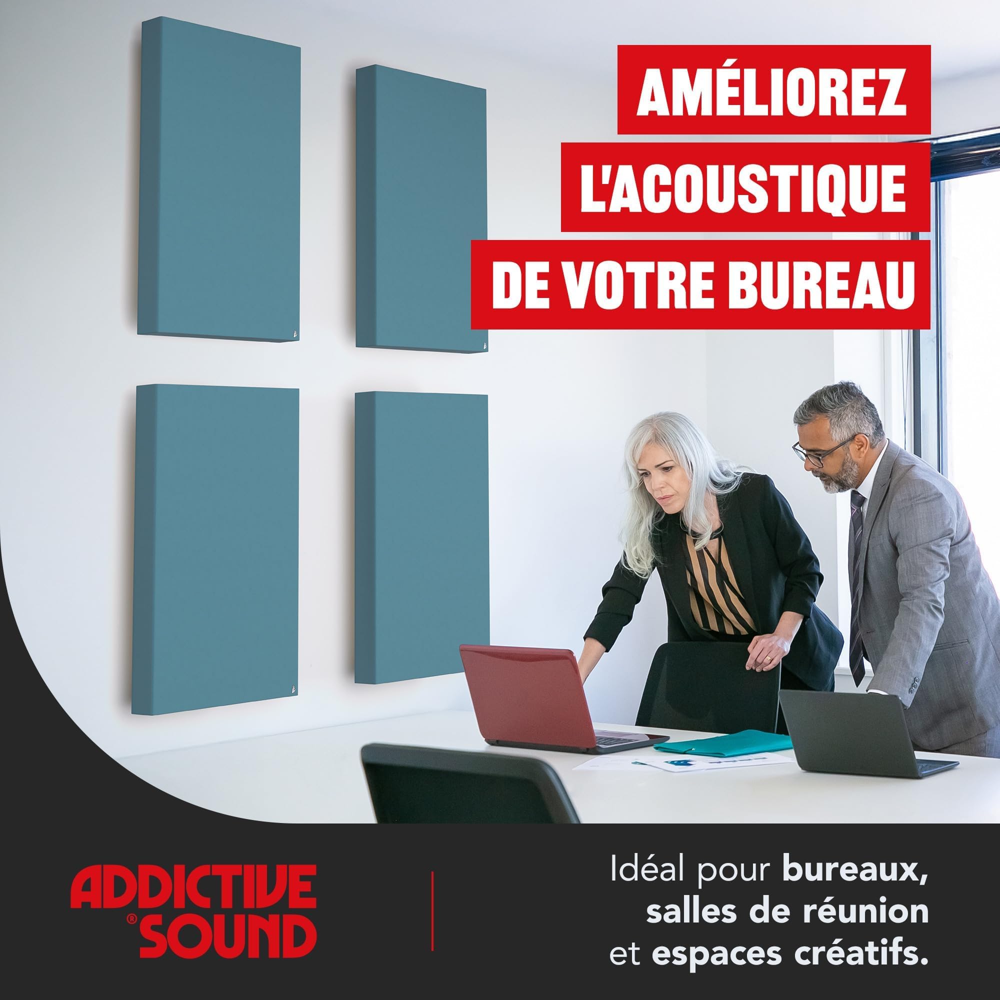 Addictive Sound Panneau Acoustique Mural Premium 100x50x11 cm, Ivoire | Classe A · laine Isover · kit mur/plafond inclus