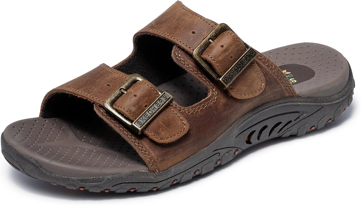 Skechers Womens Reggae-Jammin Sandals | Oiled Leather Upper Double Adjustable Metal Buckles Contoured Cushioned Footbed Wide Fit