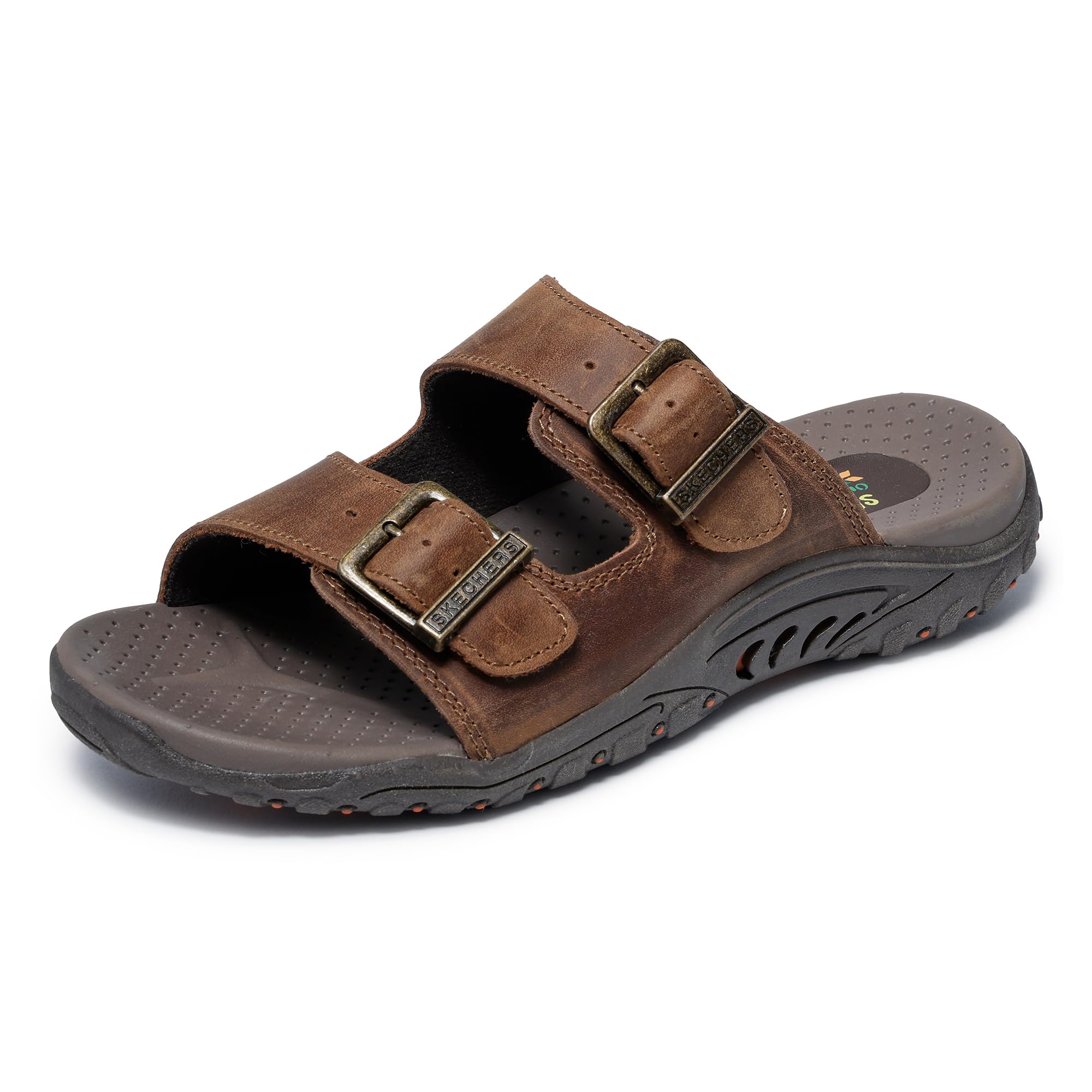 Skechers Womens Reggae-Jammin Sandals | Oiled Leather Upper Double Adjustable Metal Buckles Contoured Cushioned Footbed Wide Fit product thumbnail 3