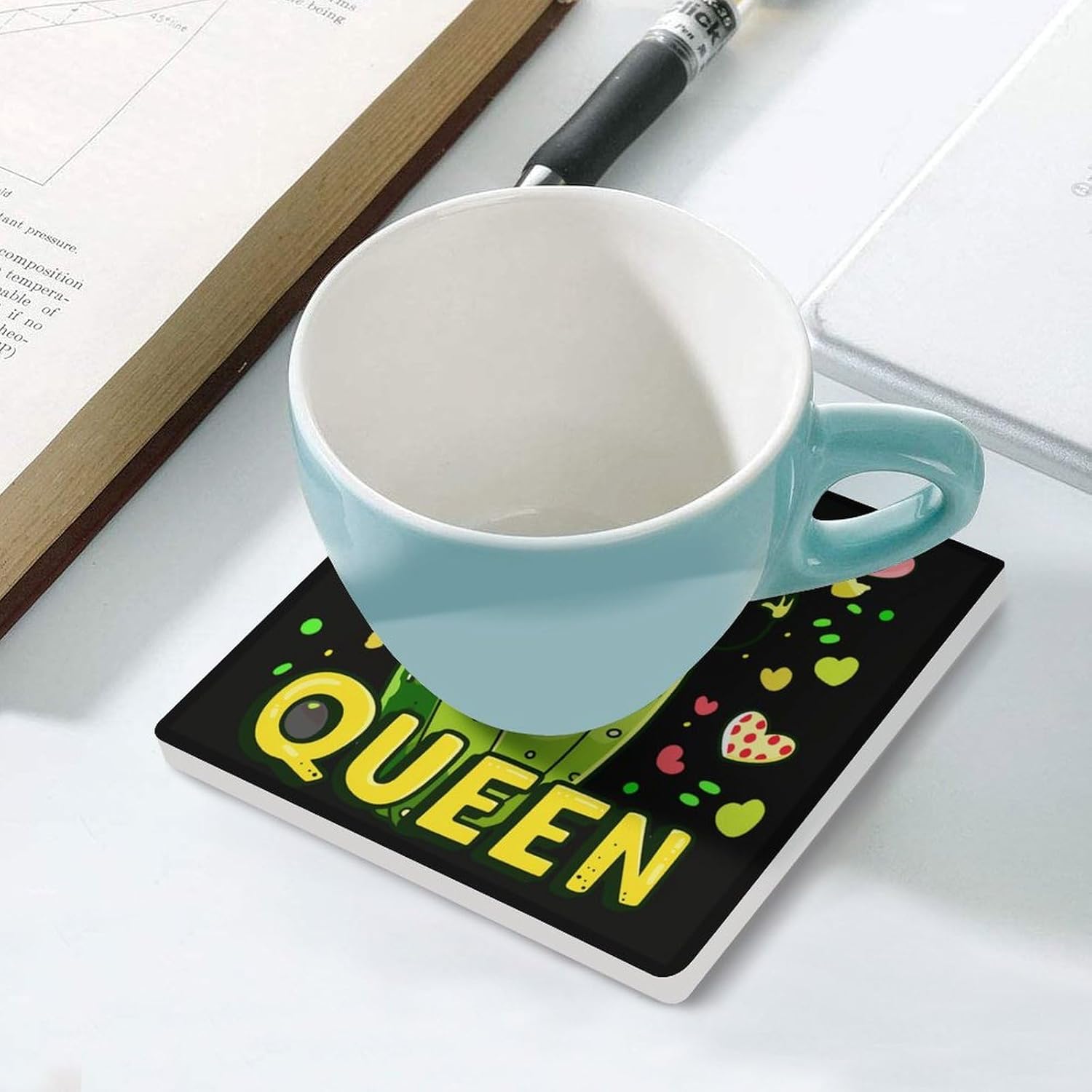Pickle Queen Coaster for Drinks Square Ceramic Table Coasters Stone Mat Crafts 6PCS Home Kitchen Decor