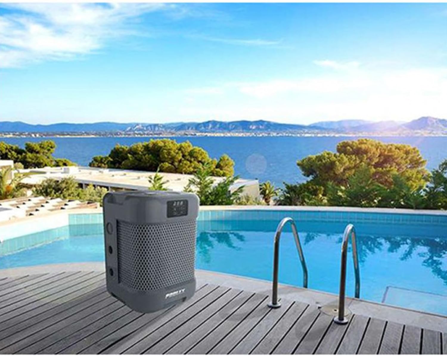POOLEX PC-QBC050 Q-Line 5 Pool Heat Pump installed next to a swimming pool