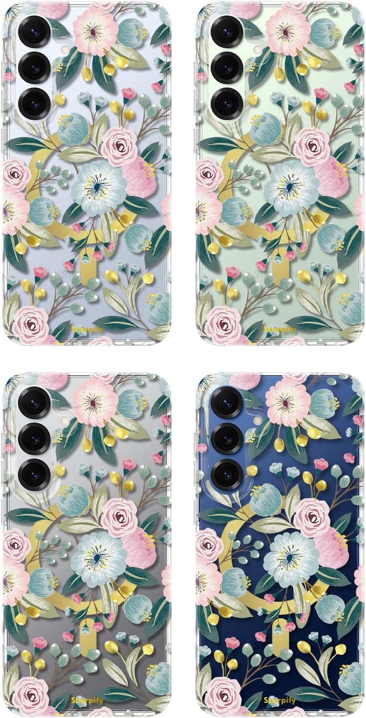 SCORPIFY Compatible with Samsung Galaxy S25 Case [Compatible with MagSafe] for Hibiscus Floral Design, Cute Magnetic Clear Flower Phone Cover for Women Girls, Gold Accents
