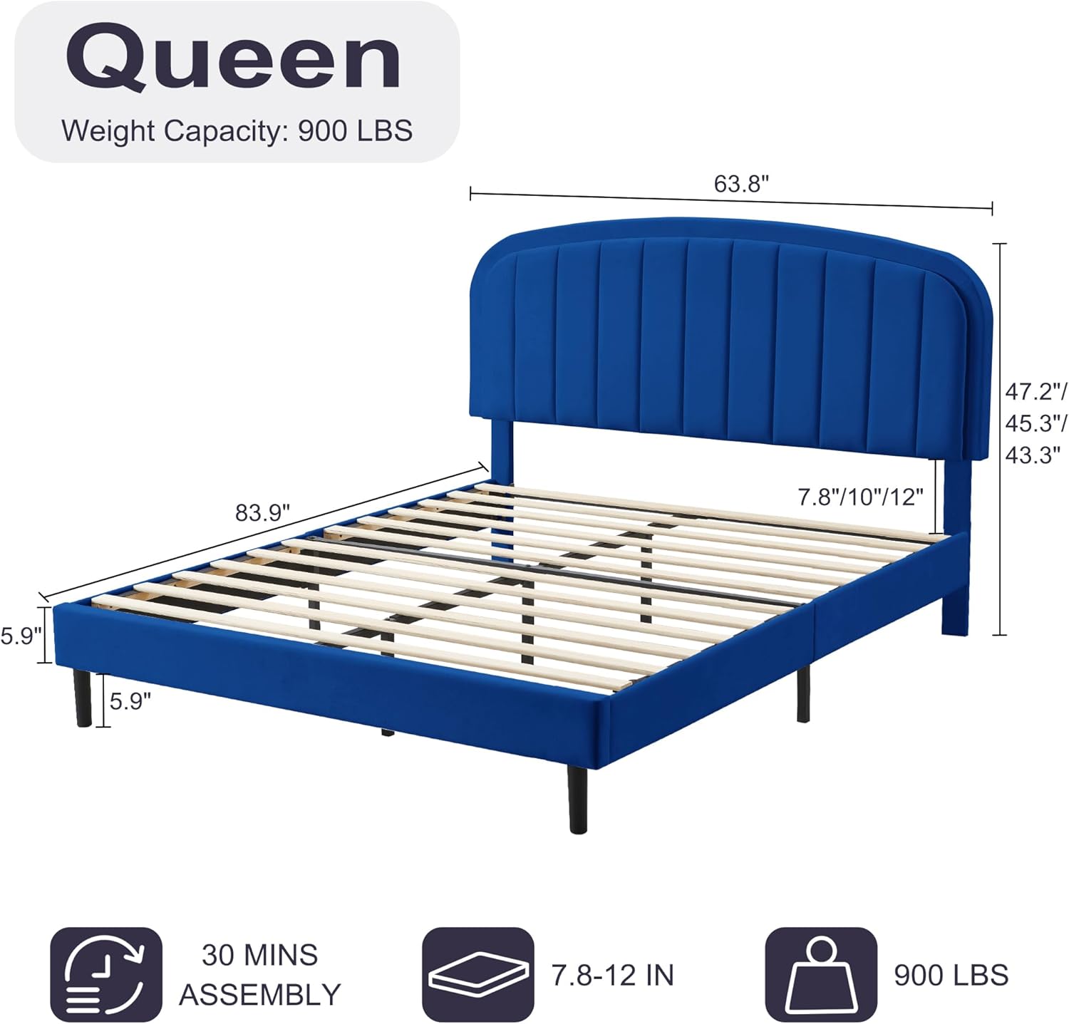 Furnify Queen Bed Frame, Soft Bedframe with Rounded Corners, Upholstered Velvet Fabric Platform Bed Frame with Round Headboard, Modern Style, No Box Spring Required, Easy Assembly, Blue