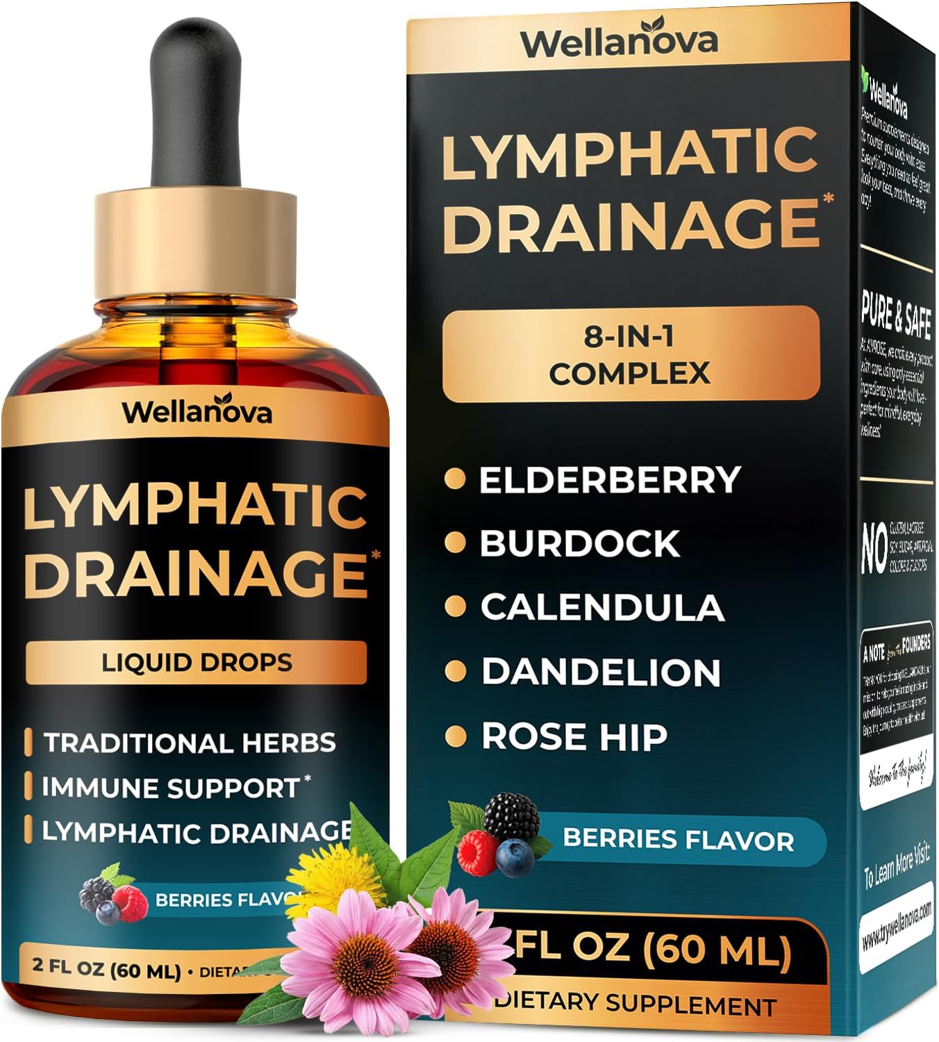 Lymphatic Drainage Supplement - Organic Liquid Drops for Lymphatic Support & Detox - 8-in-1 Herbal Blend - Lymphatic Cleanse Complex with Burdock, Dandelion, Elderberry - 2 fl oz