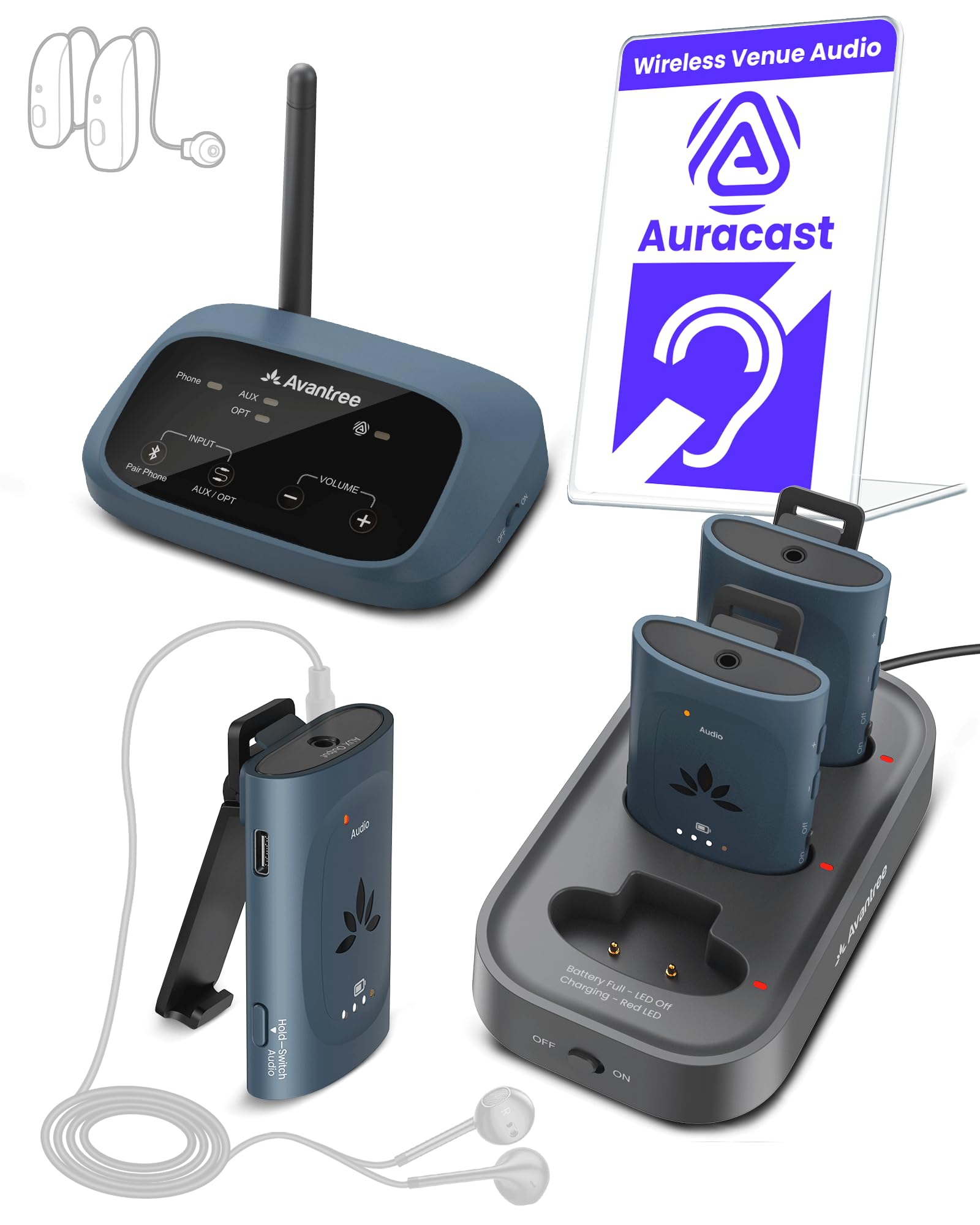 Avantree AuraPlex M3 Auracast Audioübertragungssystem 1 Sender 3 Empfänger 100m Reichweite