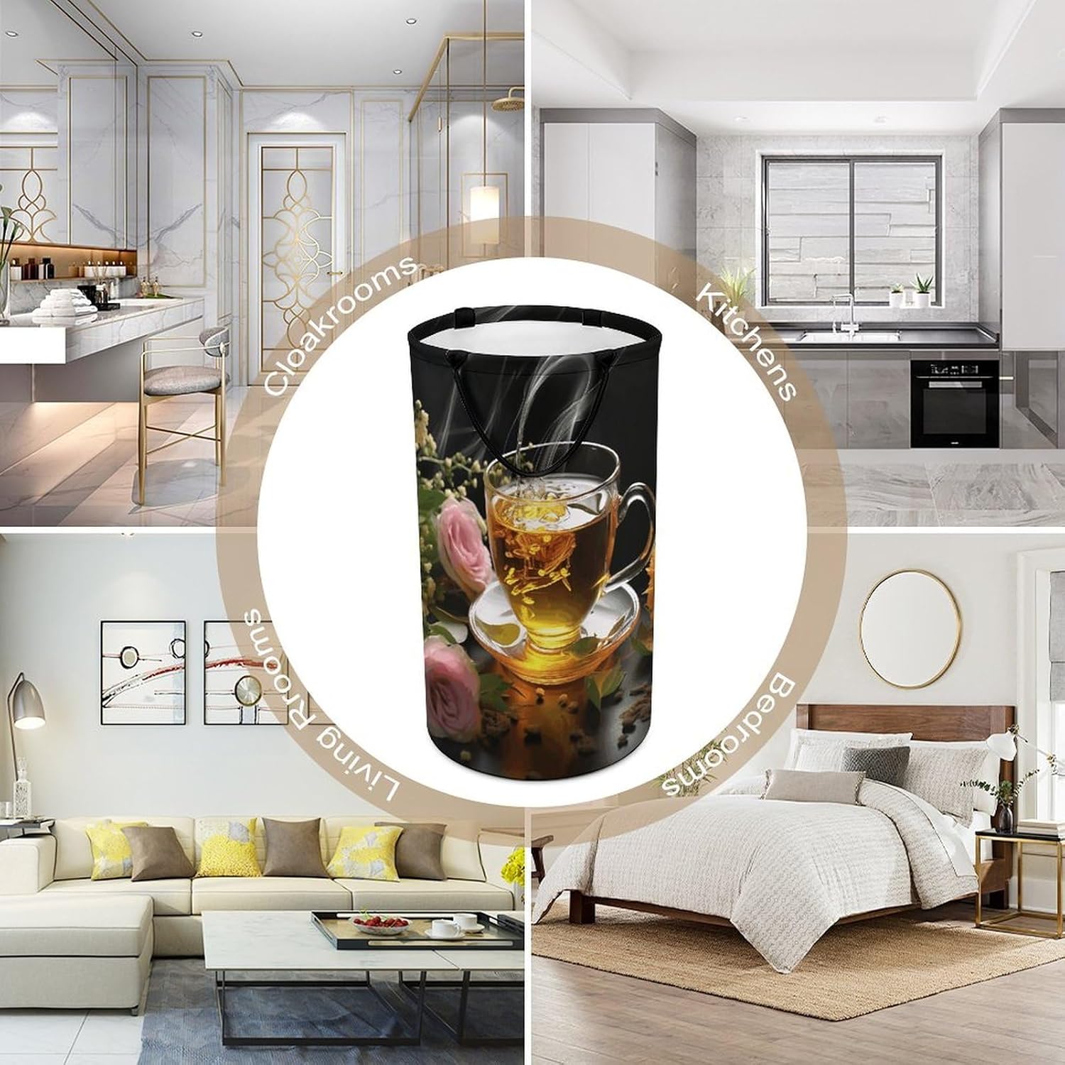 Cup of Tea Laundry Hamper with Handles Waterproof Collapsible Laundry Basket Large Lightweight Round Dirty Clothes Hamper for Home Dorm Bathroom Decor