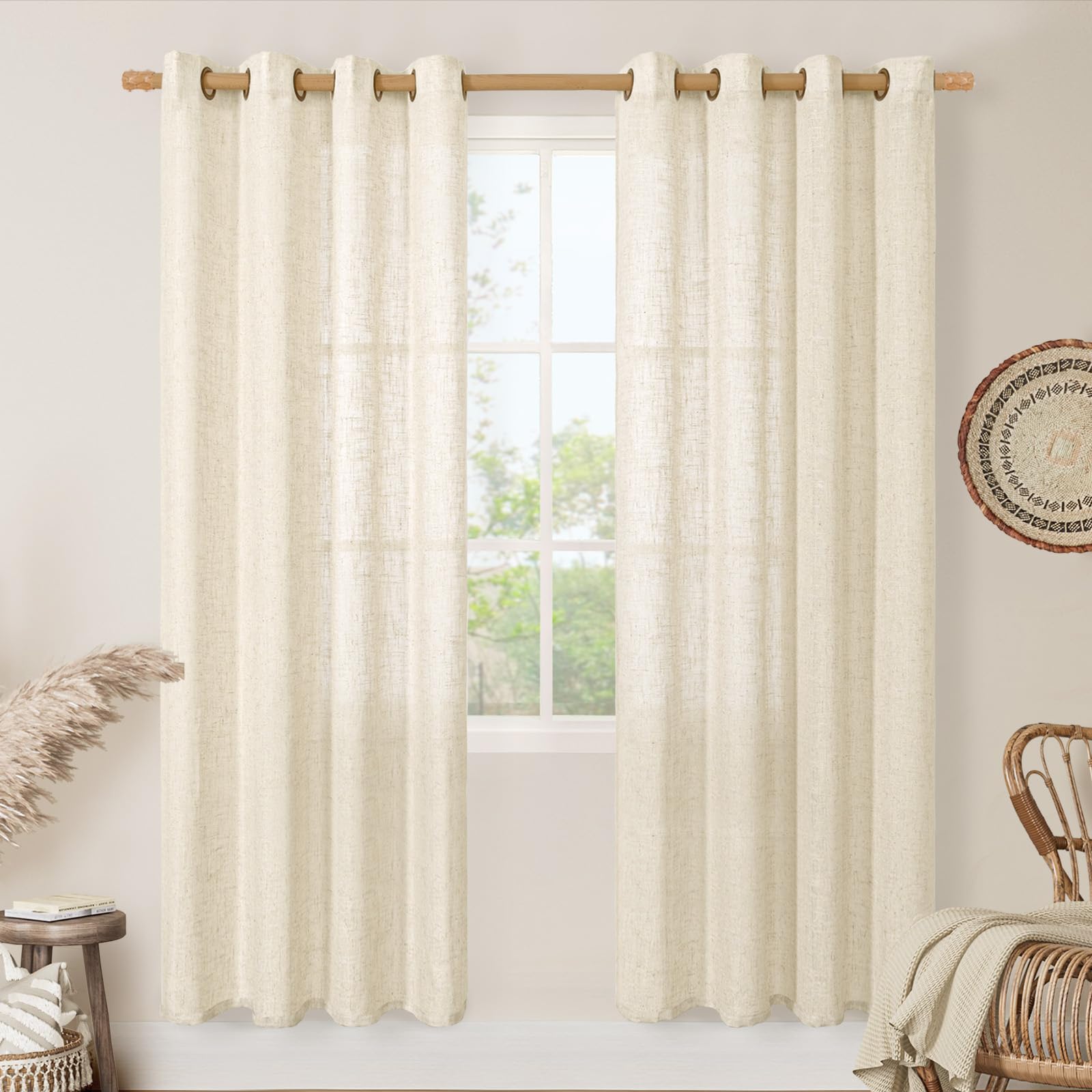 LAMIT Semi Sheer Linen Curtains for Living Room, 80 Inch Length, Light Filtering Panels Bronze Grommet Faux Linen Textured Window Drapes for Bedroom/Porch, Beige, 52 x 80 Inch, 2 Panels