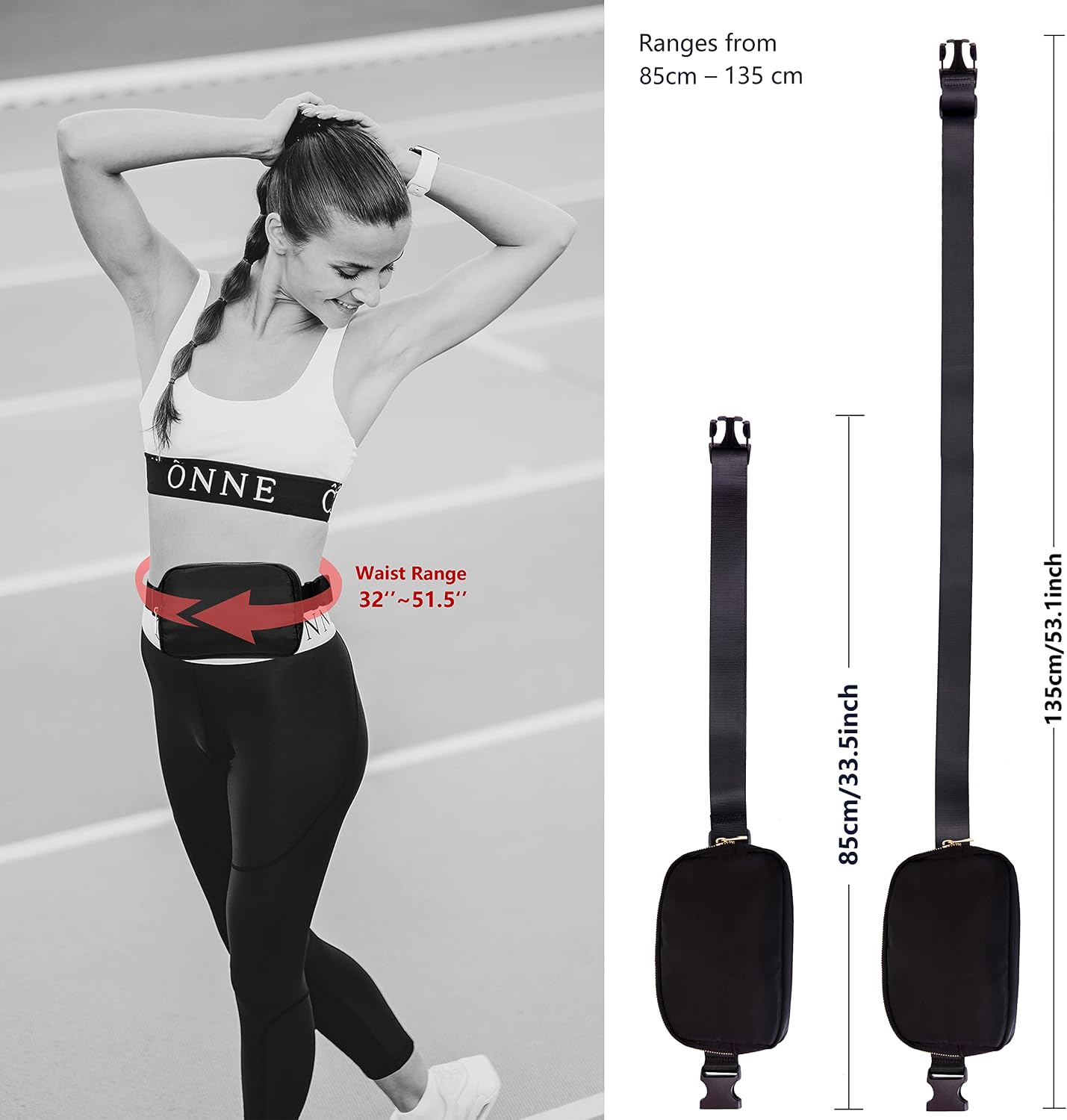 Fanny Pack extender strap for Women Men, Ginsco Fanny Pack Crossbody Bags Waterproof with Adjustable Strap DIY Patch,Mini Belt Bag for women Fashion Waist Pack Fits Hiking Running Travel Black M135