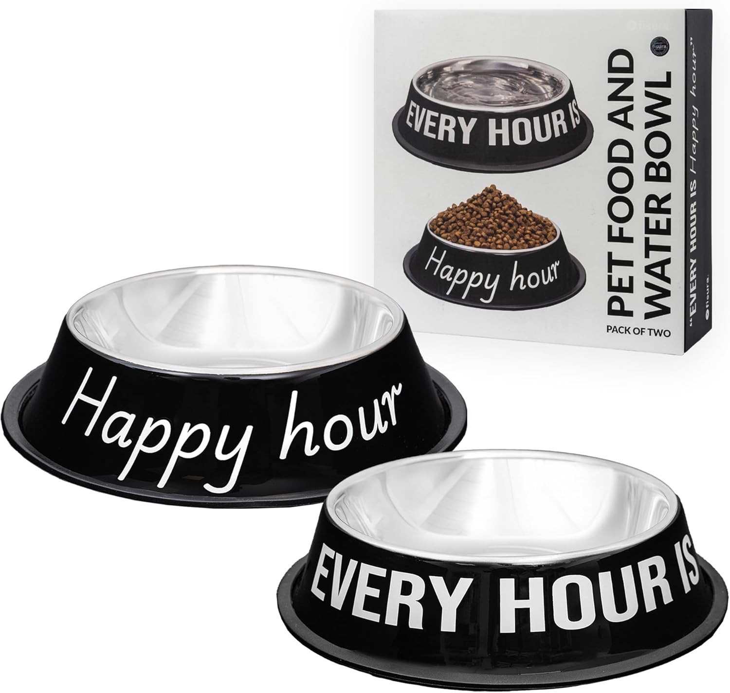 Fisura – Set 2 ciotole per cani in acciaio inox “Happy Hour”. Ciotola antiscivolo nero e bianco per cibo 500 ml e acqua 1000 ml. Accessorio per animali domestici resistente e facile da pulire