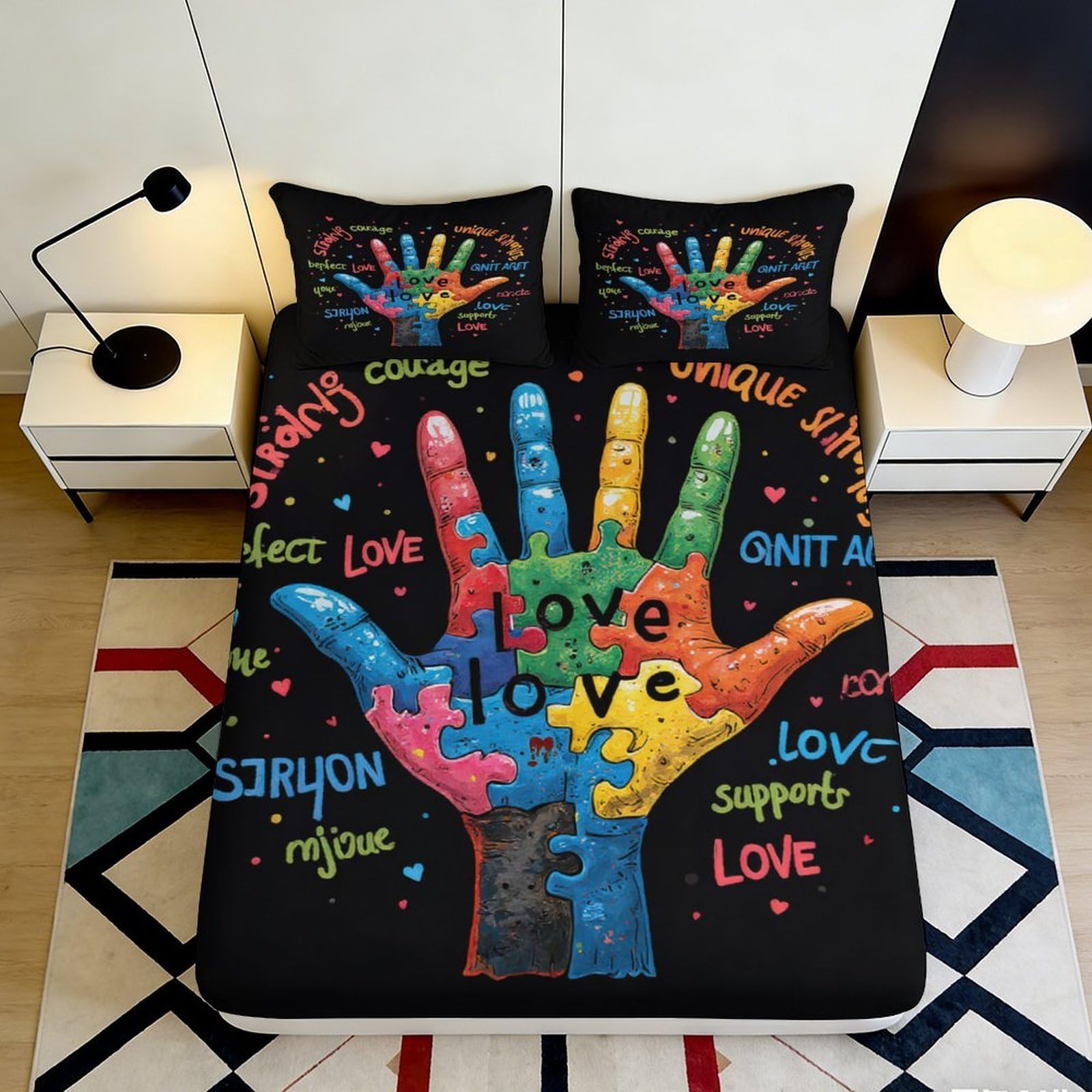 3D Printed Colourful Puzzle Hand Fitted Sheet Microfiber Soft Artistic Love Letter Bed Cover Bedroom Dorm Decor 90x200x25cm