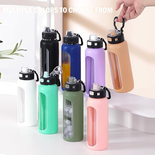 Miniatura 7 de BLUEGO Botella de agua de vidrio de 32 onzas con pajilla, botellas de agua motivacionales con marcador de tiempo y funda de silicona, botella de