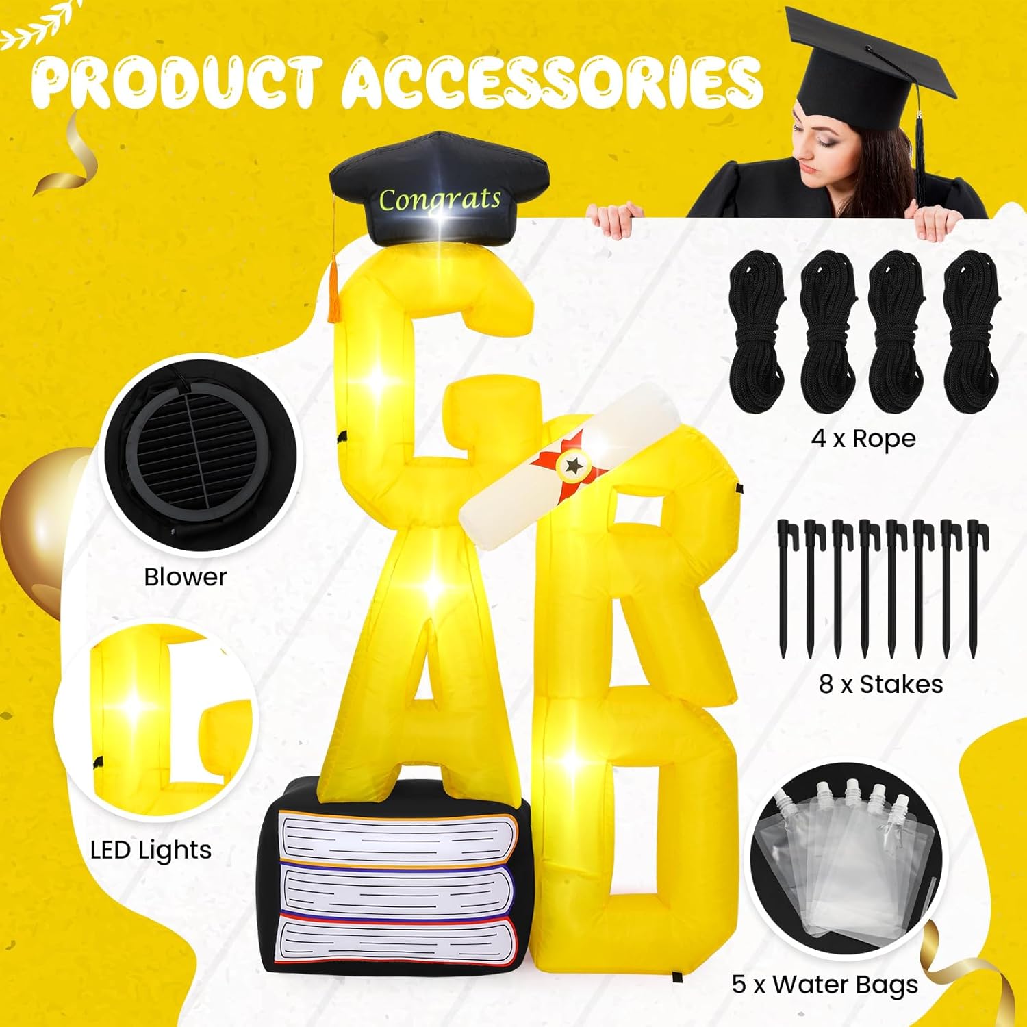 Leyndo 6 ft Inflatable Graduation Decorations Large Blow up Grad Letter Decorations with LED Light Recyclable Yard Sign for Congrats Grad Party Outdoor Indoor College High School (Black, Gold)