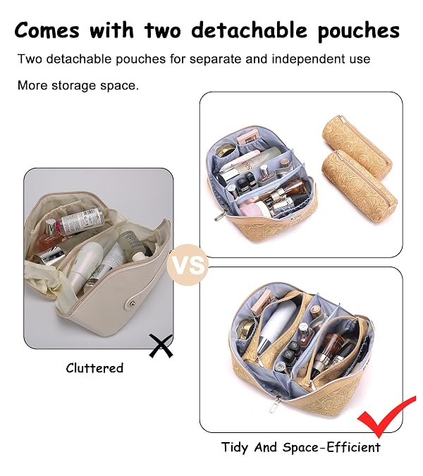 BOYATU Travel Makeup Bags Cosmetic Organizer Bag: 3 Pcs Set Large Capacity Floral Make up Bag with Compartments - Waterproof Leather Toiletry Bags with Handle for Women (17-Apricot) by BOYATU - Image 4